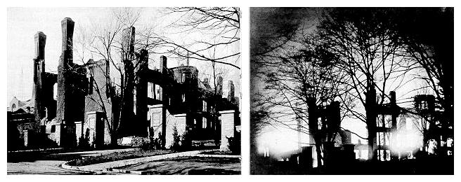 Photographs of the main Engineering Building ablaze, November 25, 1918, and its burned-out hulk. 