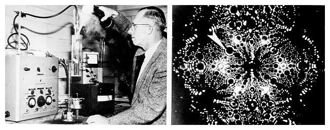 Erwin Mueller with a portion of the fiel-ion microscope, and a photograph made through the microscope of a tungsten atom magnified 2.1 million times.