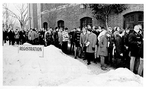 Students in line at Recreation Building