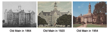 Old Main in 1864, 1920 and 1954