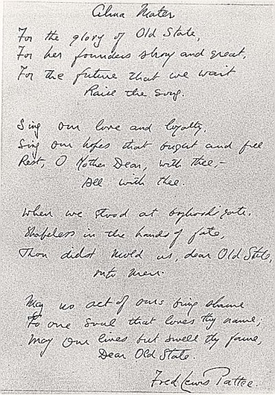 The Penn State Alma Mater, handwritten by Fred Lewis Pattee