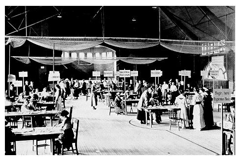 old black and white photograph of student Registration in the Armory