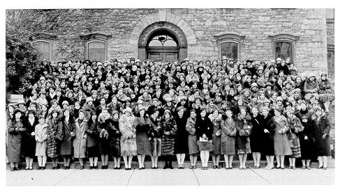 old black and white photograph of female students formally posed