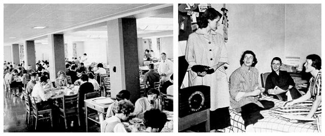 old black and white photograph of A dining room in Simmons Hall (left) and a women's residence in McElwain hall (right)